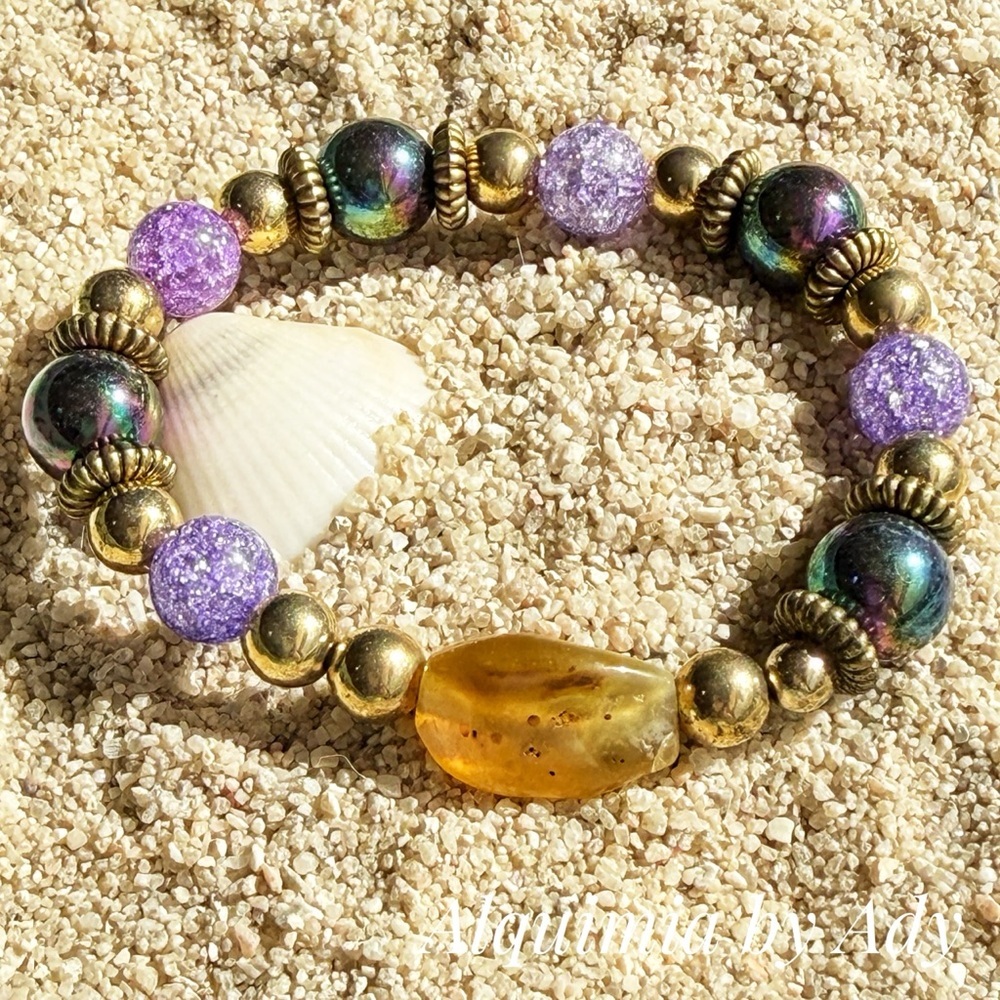 Purple Crackle Quartz& Amber CARNELIAN Bead Bracelet